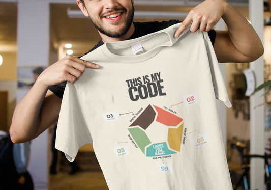 Minimal programmer shirt in natural coloured with This Is My Code heading and five-step coding infographic with numbered callouts, help up by a young man