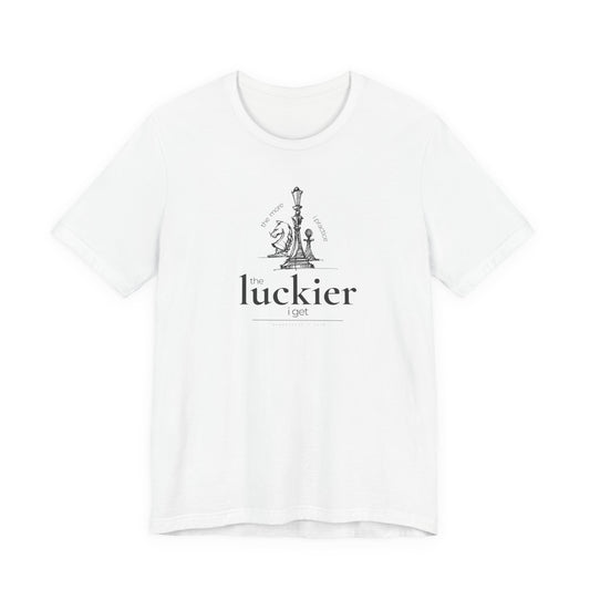 white shirt mockup showing vintage chess sketch and the phrase the more I practice the luckier I get