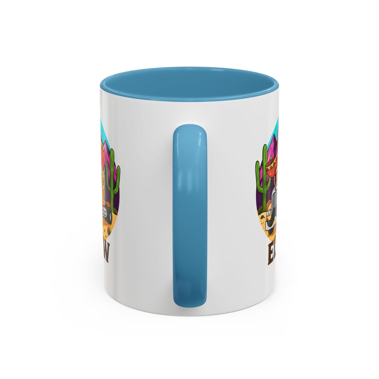 El KW Tasse in light blue– deutsch-spanischer Wortwitz, Keramik 11oz, Rückansicht