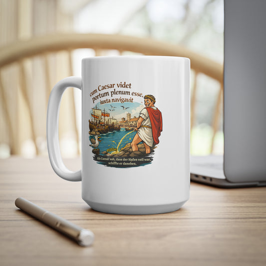 Lustige Caesar Tasse mit lateinischem Spruch „cum Caesar videt…“ – minimalistisch, humorvoll, für Intellektuelle