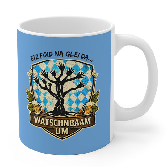 Watschnbaam Keramik Tasse 11 oz mit bairischem Spruch „Etz foid na glei da... Watschnbaam um“ und retro Baum-Handgrafik