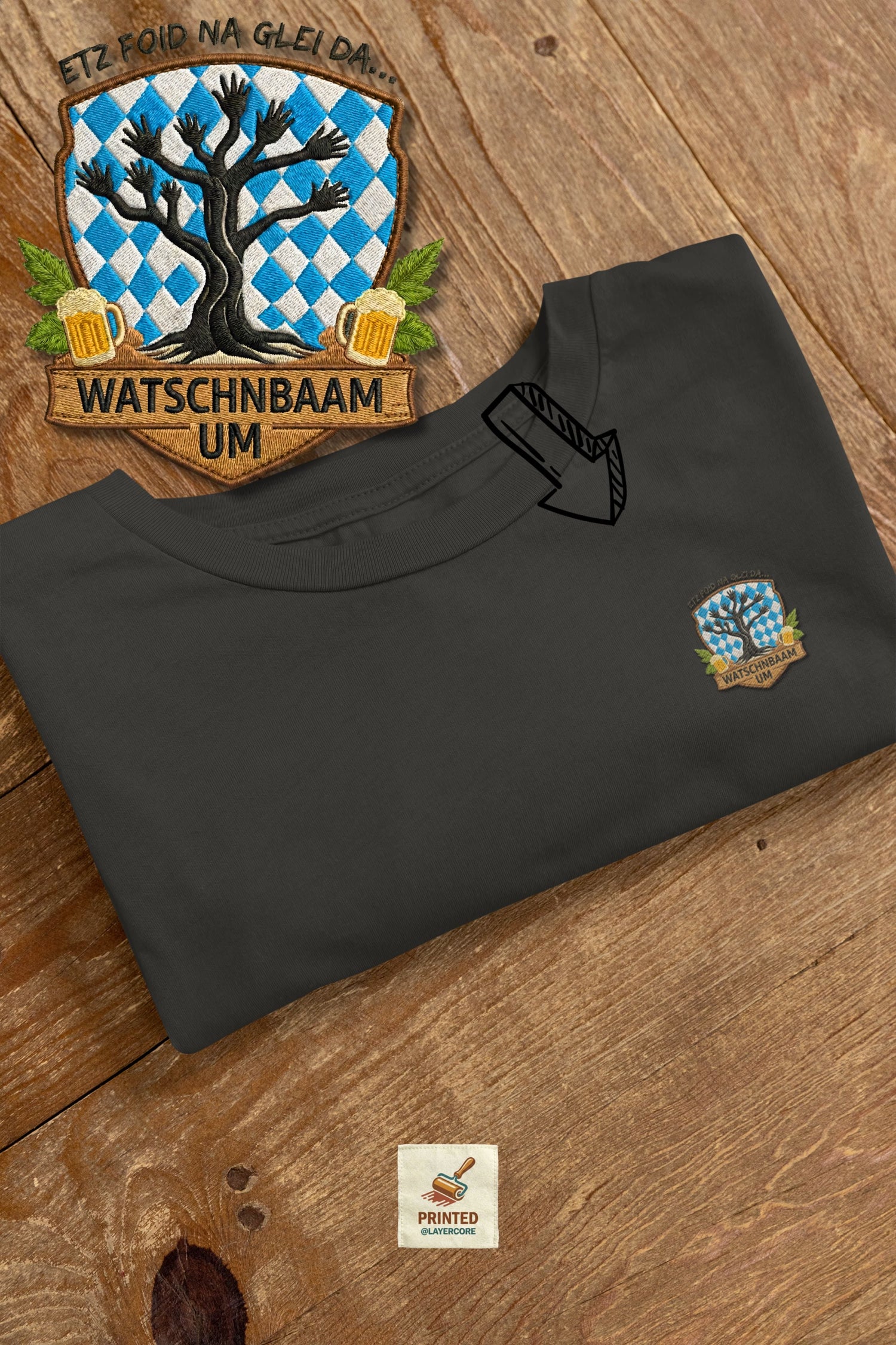 Watschnbaam Embroidery Shirt in schwarz – minimalistischer Watschn-Baum Druck in Stick-Optik, Bella Canvas, Frontansicht
