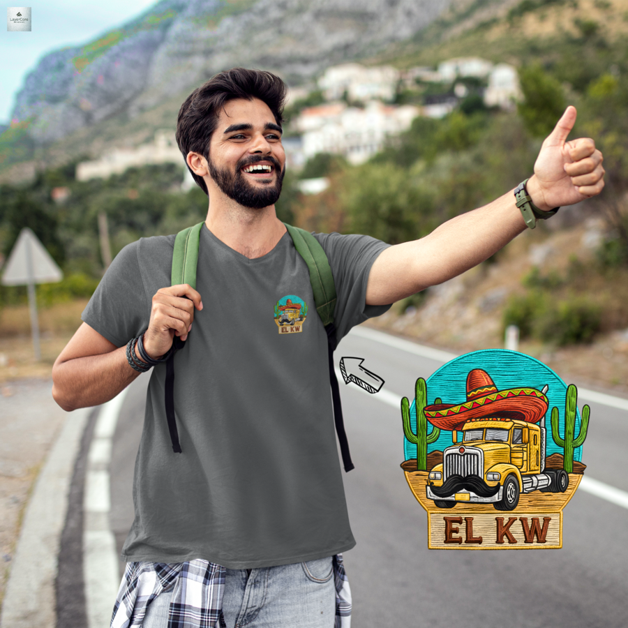 El KW T-Shirt in verschiedenen farben– deutsch-spanischer Wortwitz als Stickerei, Bella Canvas, Frontansicht