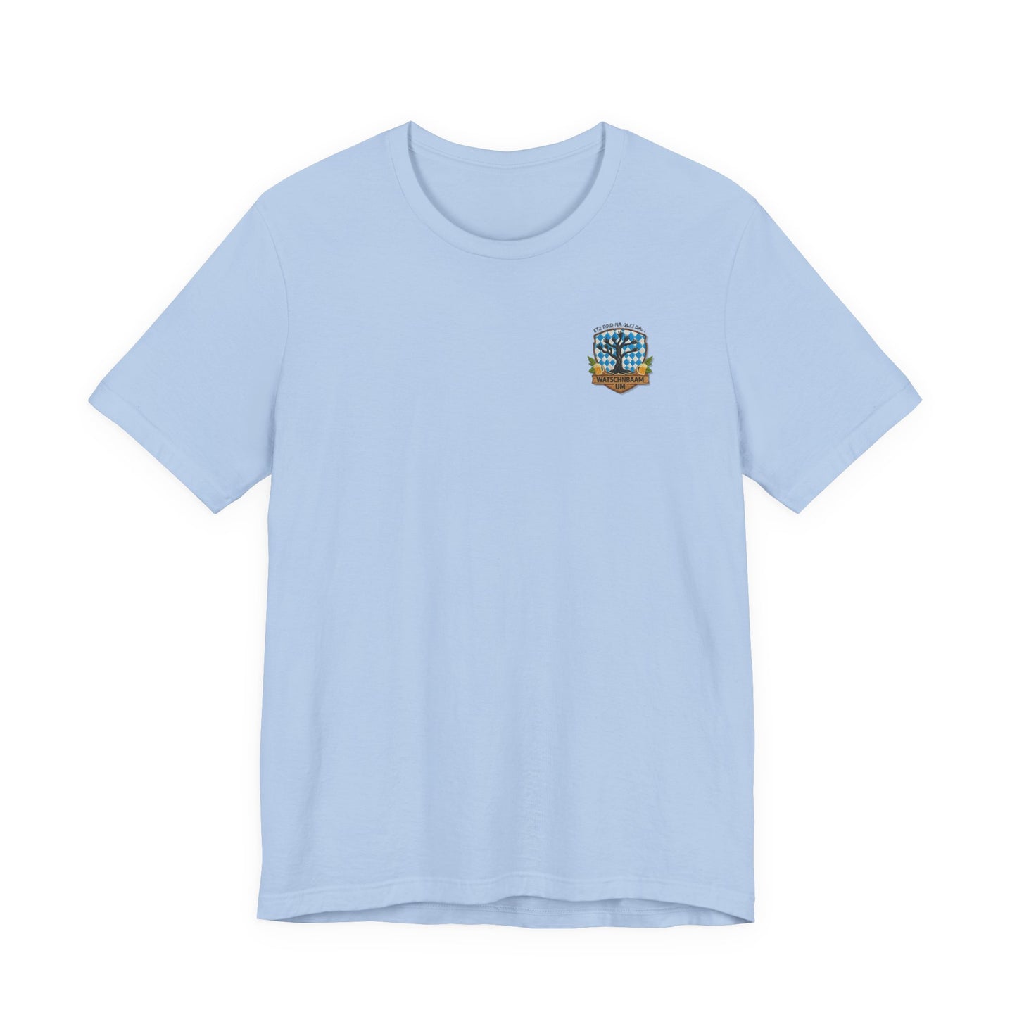 Watschnbaam hellblaues T-Shirt in Stick-Optik (Druck), bayerisches Wappen mit Händen als Äste, Bierkrügen und Hopfen.