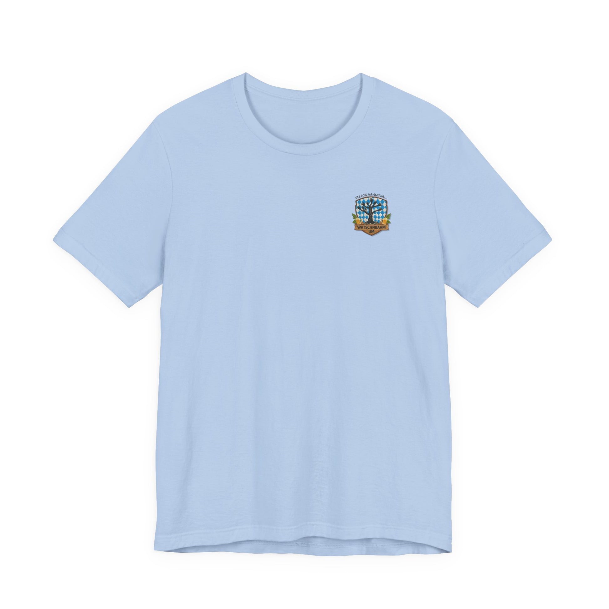 Watschnbaam hellblaues T-Shirt in Stick-Optik (Druck), bayerisches Wappen mit Händen als Äste, Bierkrügen und Hopfen.