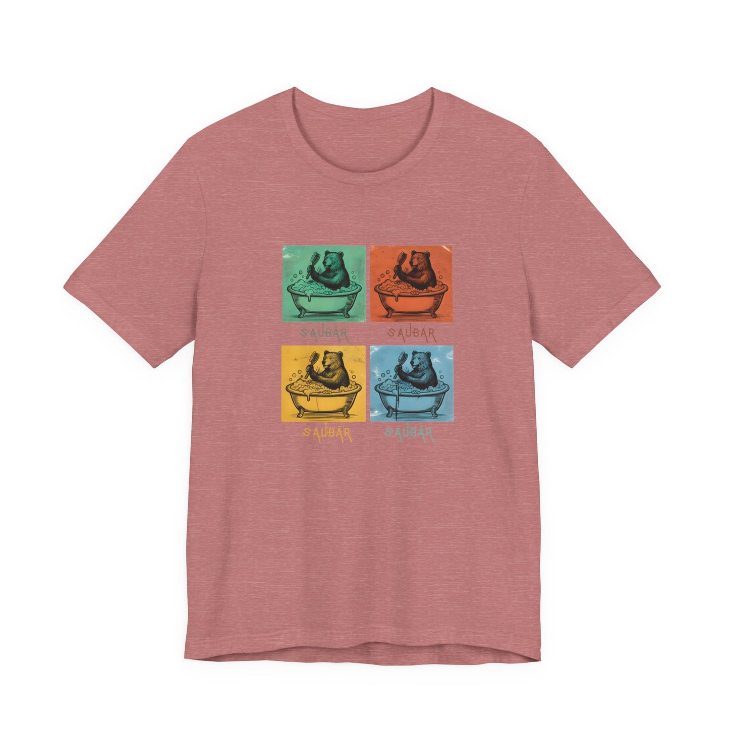Vintage-Illustration eines Bären in einer Badewanne mit dem Schriftzug Saubär auf einem mauve farbenem T-Shirt