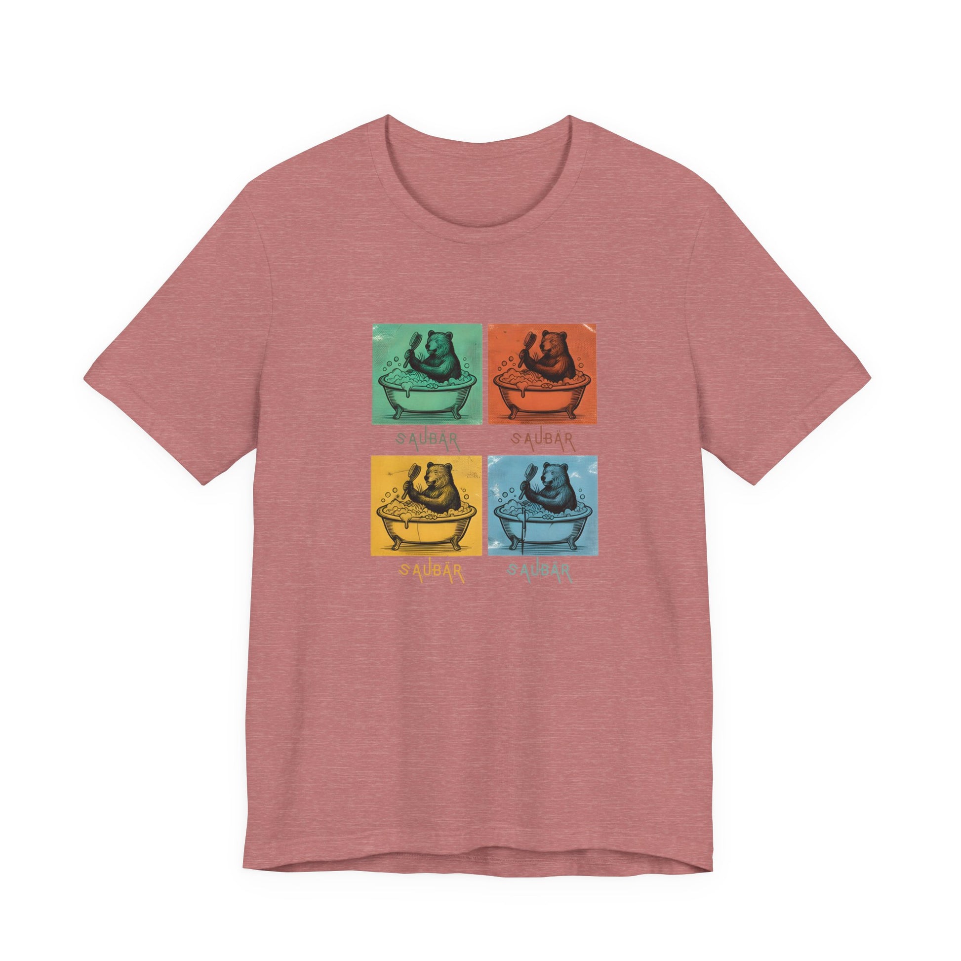 Vintage-Illustration eines Bären in einer Badewanne mit dem Schriftzug Saubär auf einem mauve farbenem T-Shirt