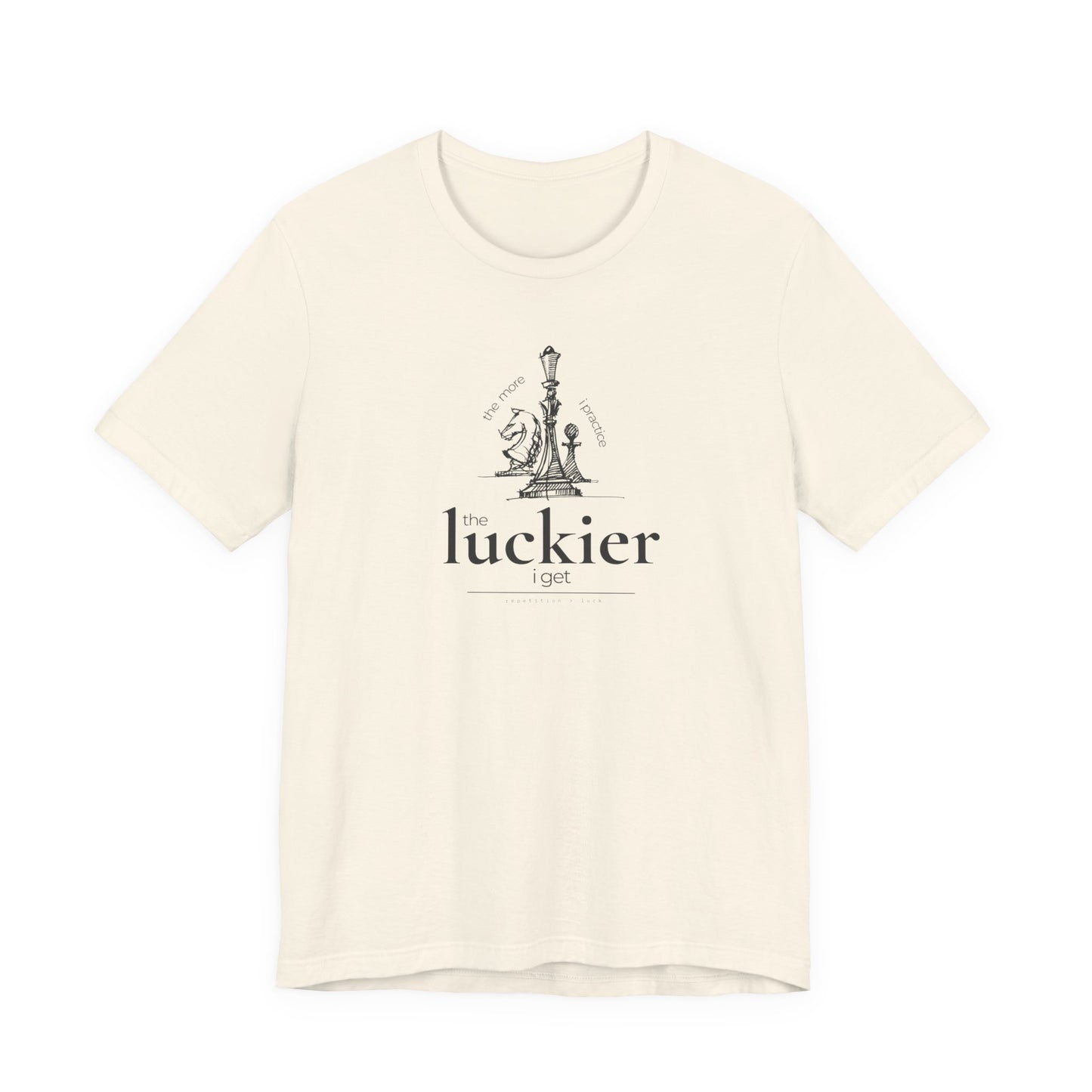 natural coloured shirt mockup showing vintage chess sketch and the phrase the more I practice the luckier I get