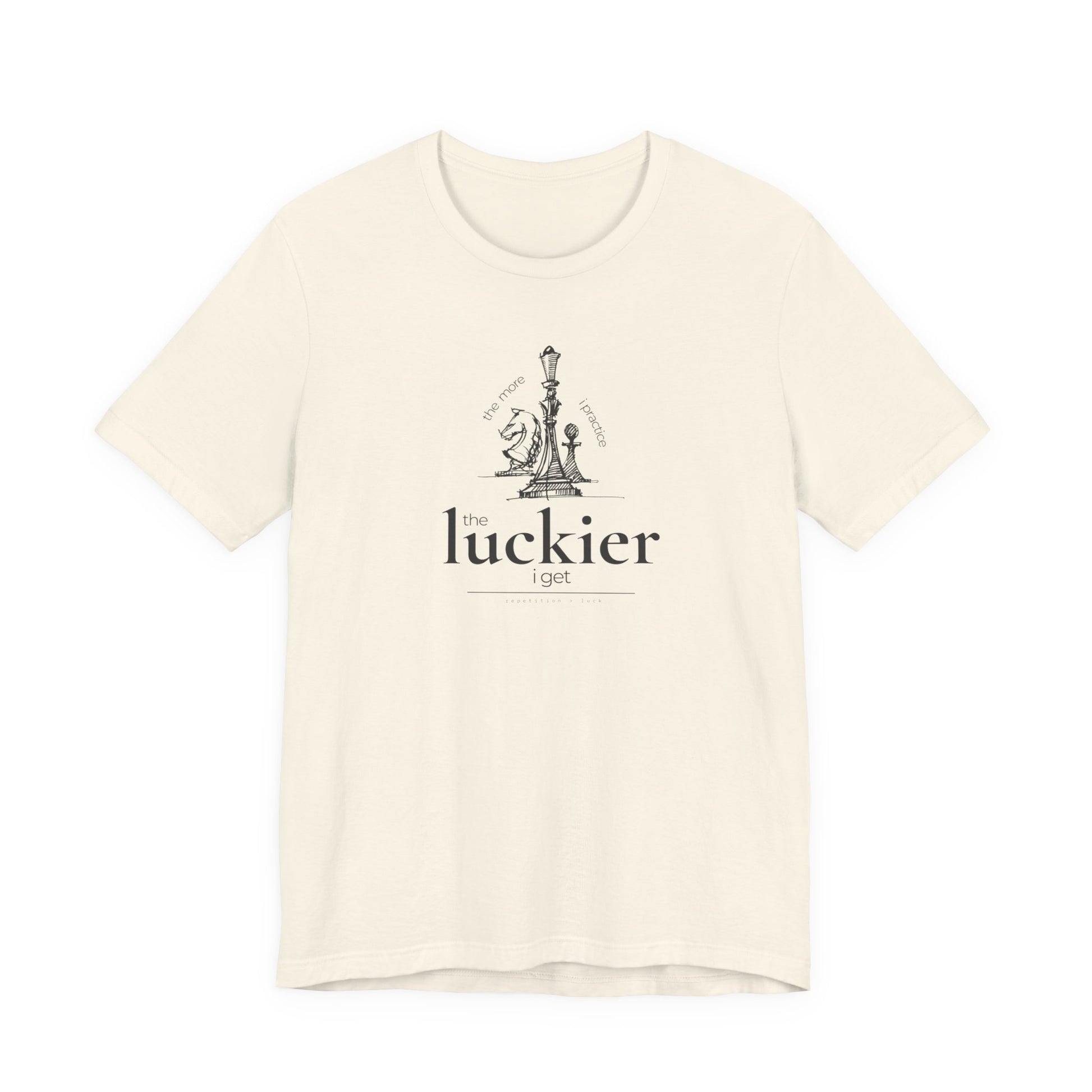 natural coloured shirt mockup showing vintage chess sketch and the phrase the more I practice the luckier I get