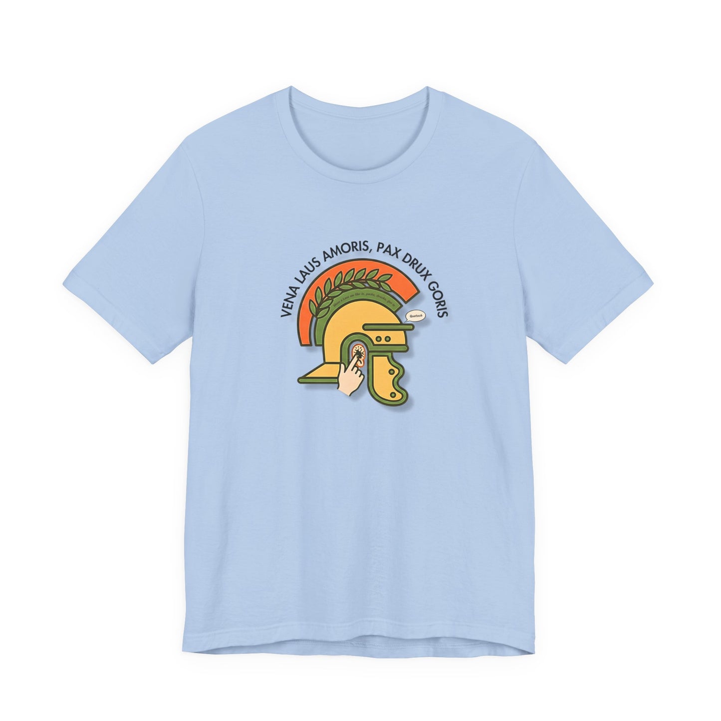 Vena Laus Amoris hellblaues T-Shirt mit römischem Helm und Laus am Ohr Illustration – Bayrischer Latein-Humor für Lehrer.