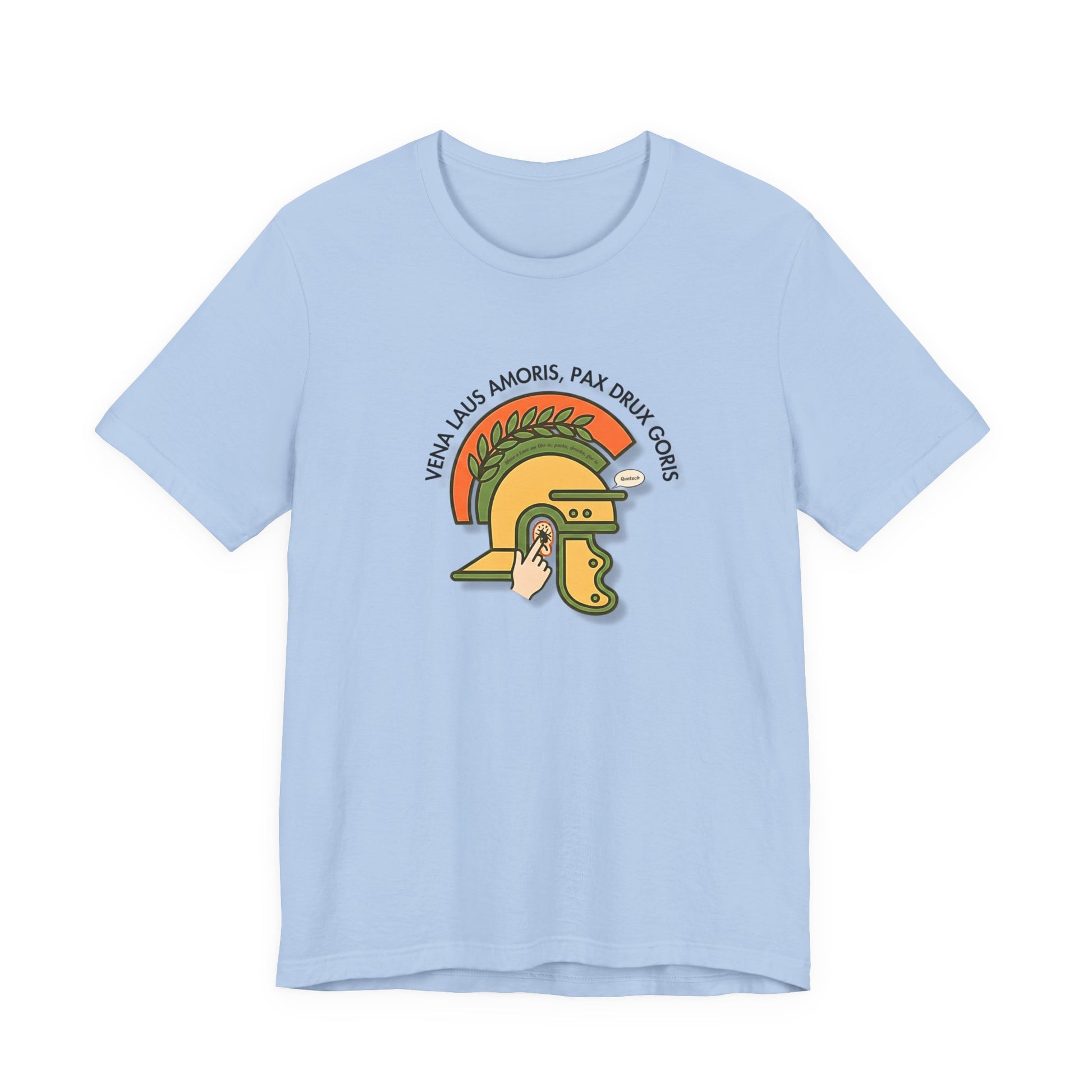 Vena Laus Amoris hellblaues T-Shirt mit römischem Helm und Laus am Ohr Illustration – Bayrischer Latein-Humor für Lehrer.