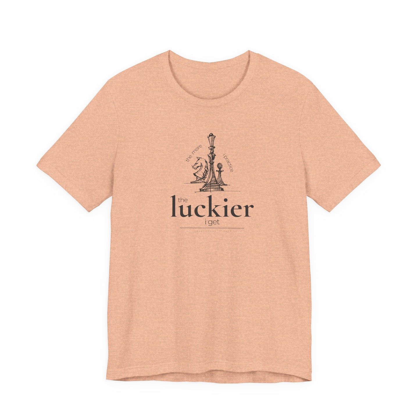 peach coloured shirt mockup showing vintage chess sketch and the phrase the more I practice the luckier I get