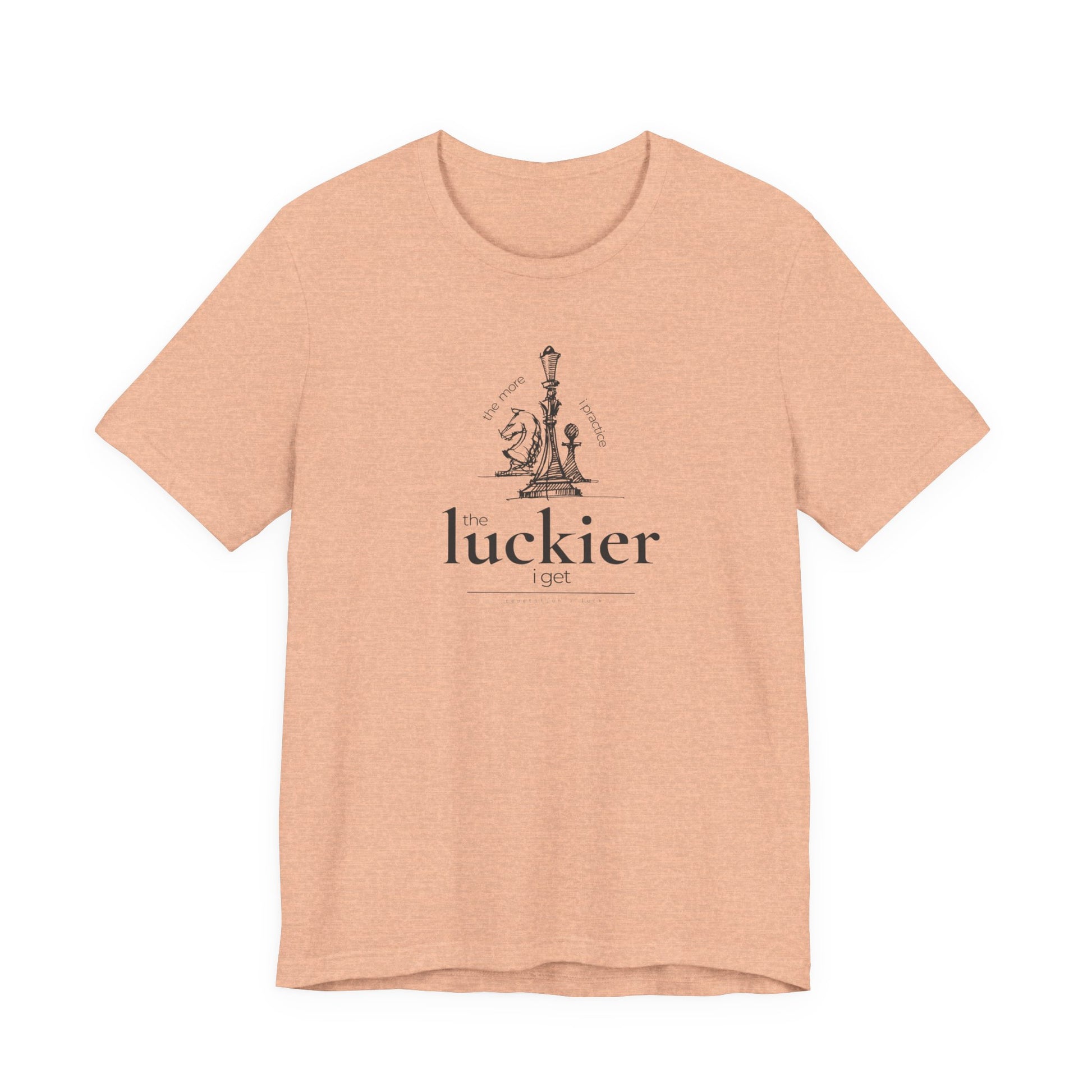 peach coloured shirt mockup showing vintage chess sketch and the phrase the more I practice the luckier I get