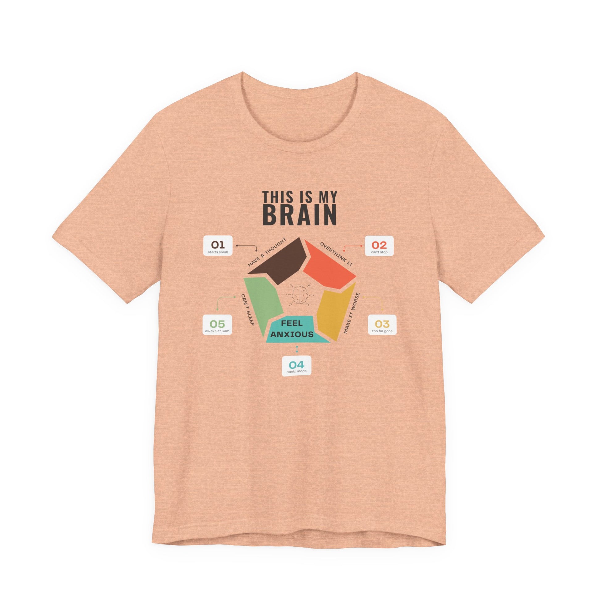 Minimalist peach coloured t-shirt showing a structured overthinking cycle with segmented diagram and clean typography, representing anxiety, sleeplessness, and mental loops in a subtle and modern visual style