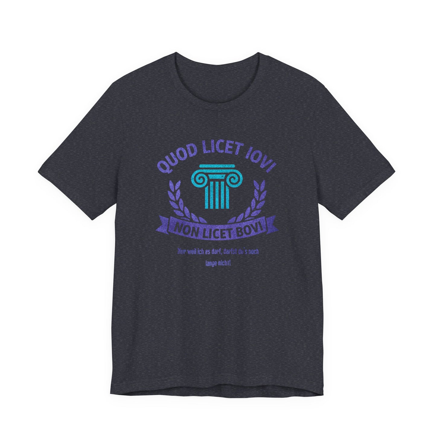 Latein heather navy farbenes T-Shirt Quod licet Iovi non licet bovi mit violetter römischer Säule und Lorbeerkranz für Lehrer