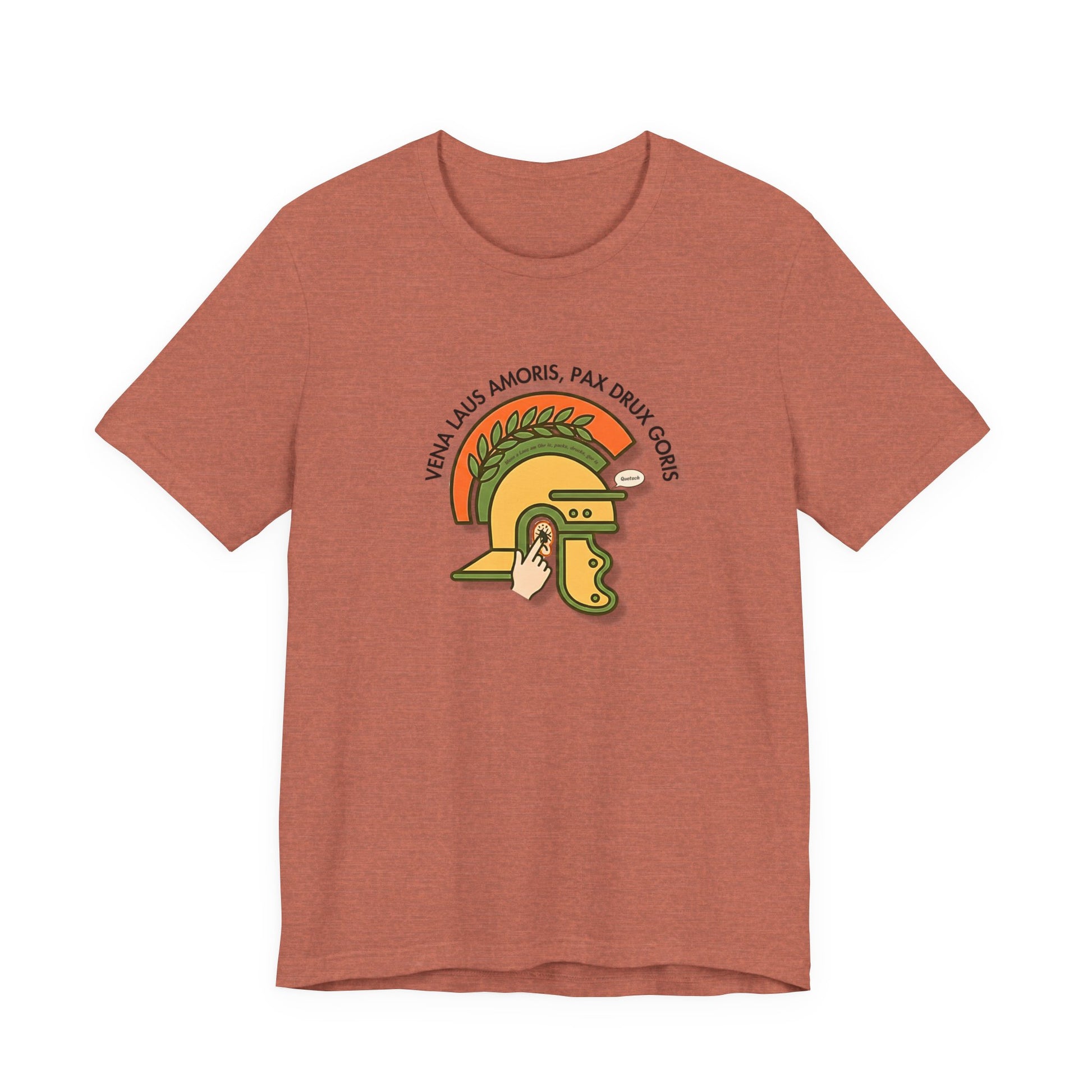 Vena Laus Amoris mauve farbenes T-Shirt mit römischem Helm und Laus am Ohr Illustration – Bayrischer Latein-Humor für Lehrer.