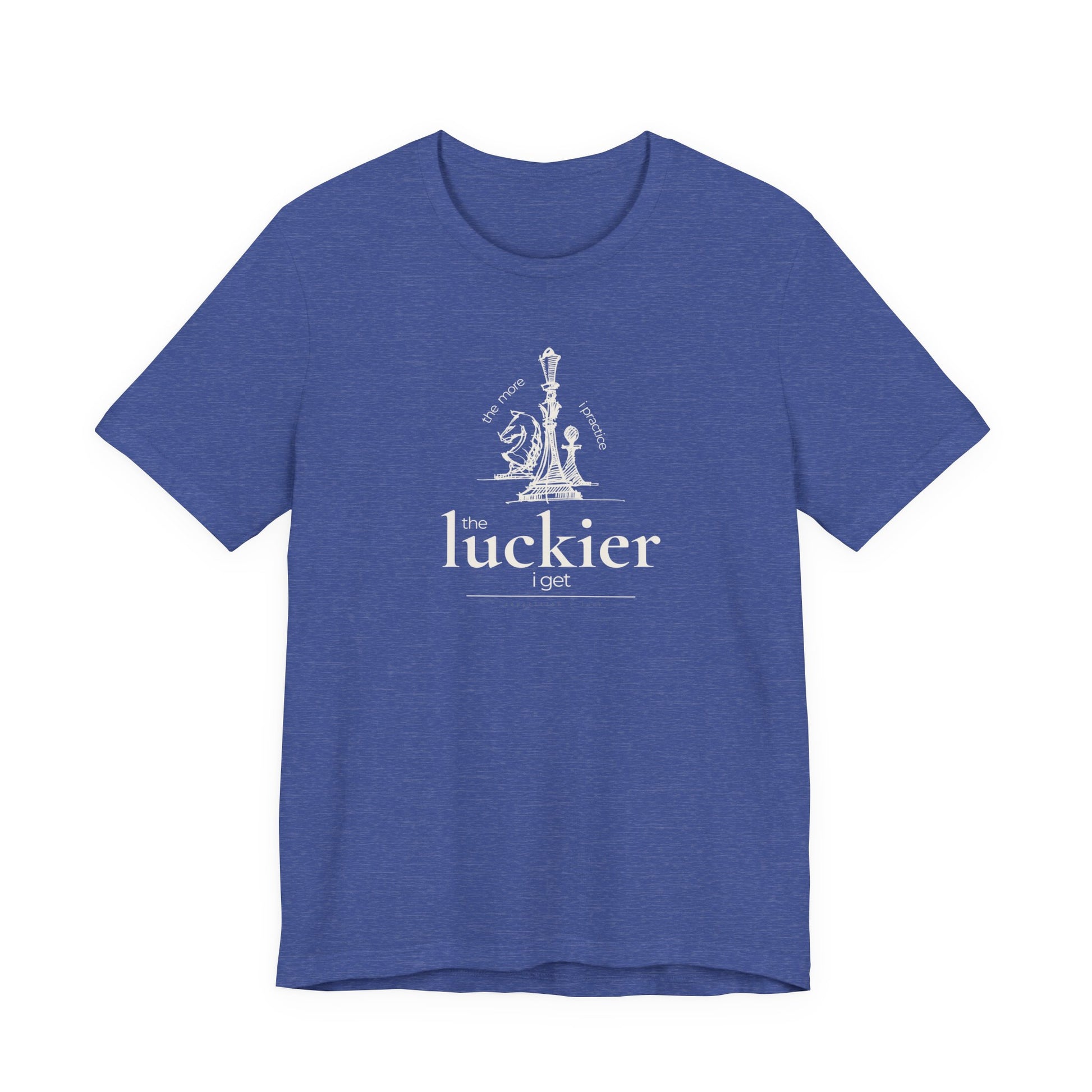 blue shirt mockup showing vintage chess sketch and the phrase the more I practice the luckier I get