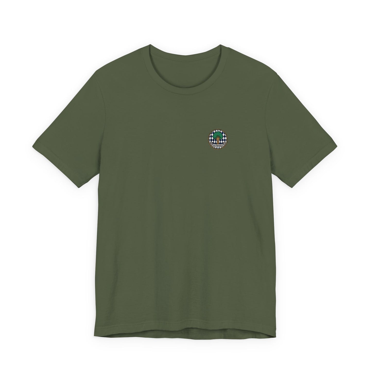 Besticktes Watschnbaam T-Shirt mit Bayern-Rauten, Baum und Hand für bayerischen Dialekt-Humor in military green