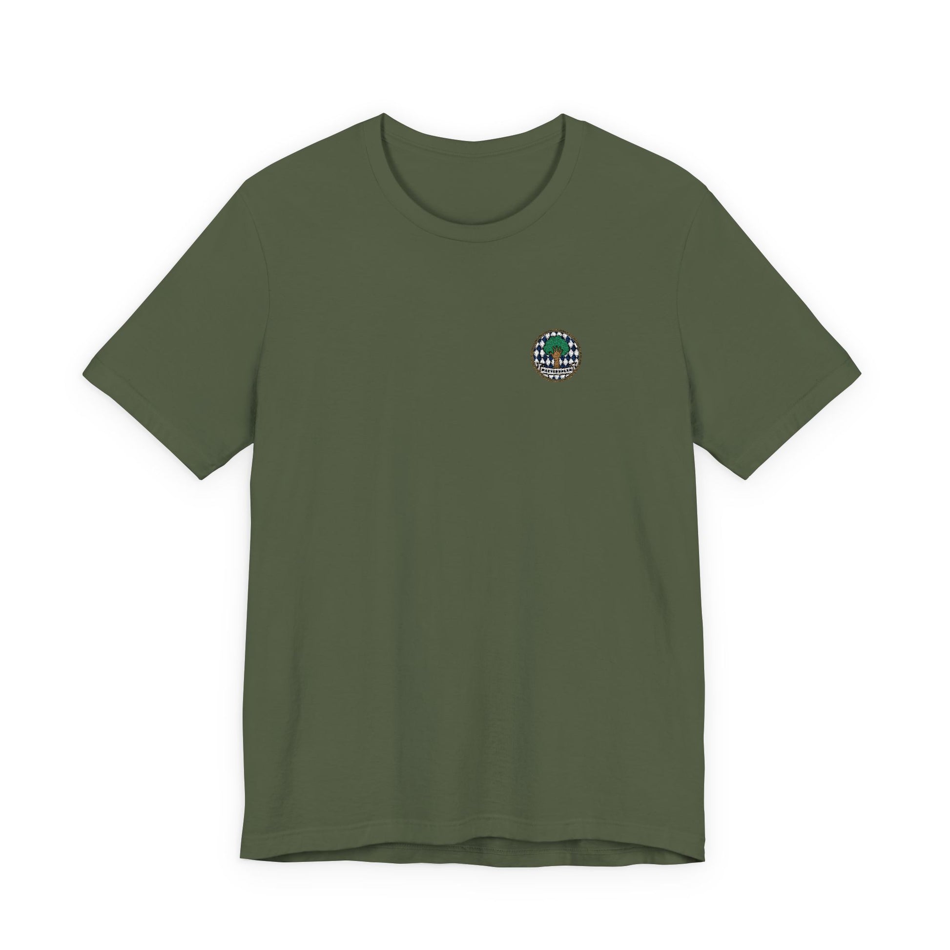 Besticktes Watschnbaam T-Shirt mit Bayern-Rauten, Baum und Hand für bayerischen Dialekt-Humor in military green