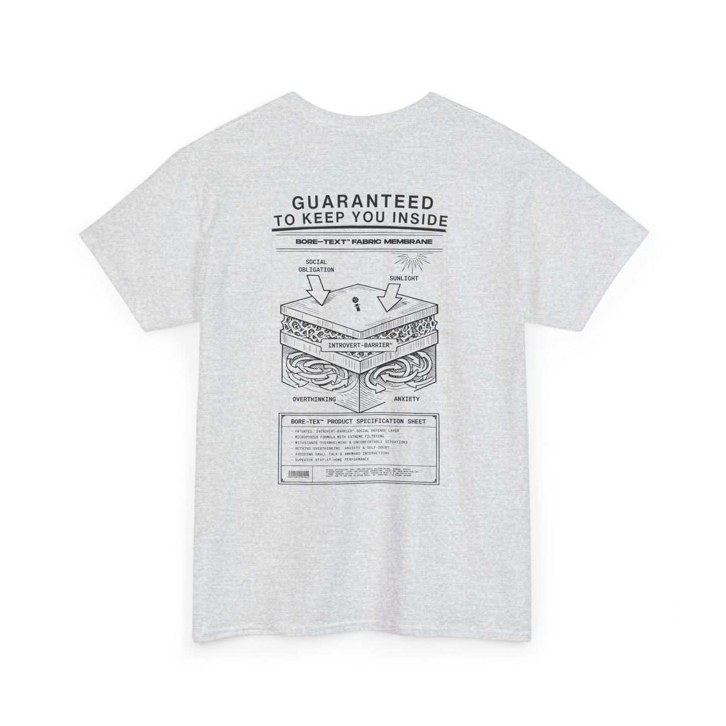 BORE-TEX Anti-Gorpcore T-Shirt mit technischem Diagramm für Introvertierte in Asche farben.