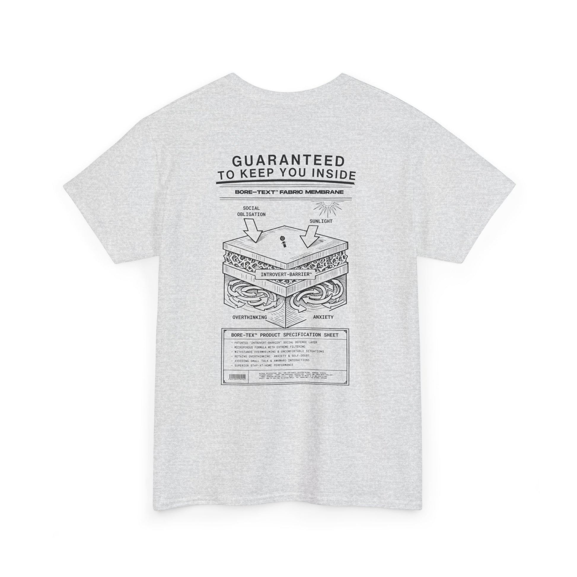 BORE-TEX Anti-Gorpcore T-Shirt mit technischem Diagramm für Introvertierte in Asche farben.