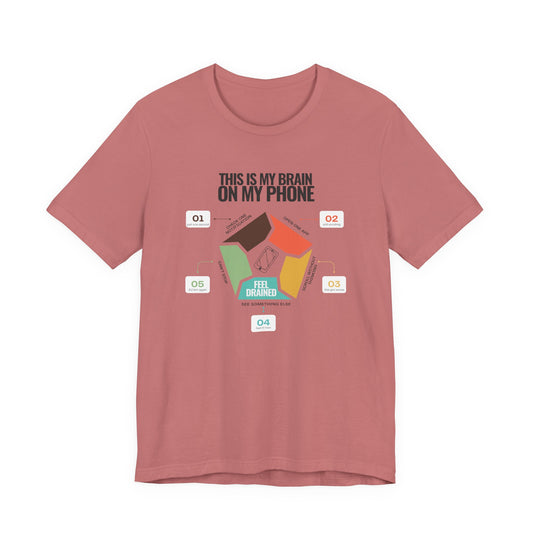 Minimalist doomscrolling cycle t-shirt design reading “This Is My Brain on My Phone” with screen time steps and “Feel Drained” center in mauve