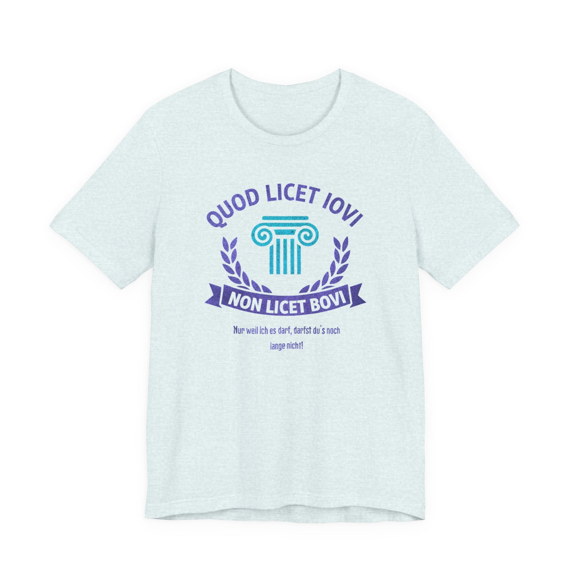 Latein heather ice blue T-Shirt Quod licet Iovi non licet bovi mit violetter römischer Säule und Lorbeerkranz für Lehrer
