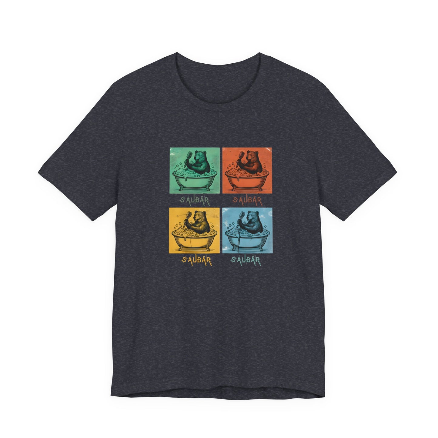 Vintage-Illustration eines Bären in einer Badewanne mit dem Schriftzug Saubär auf einem heather navy T-Shirt