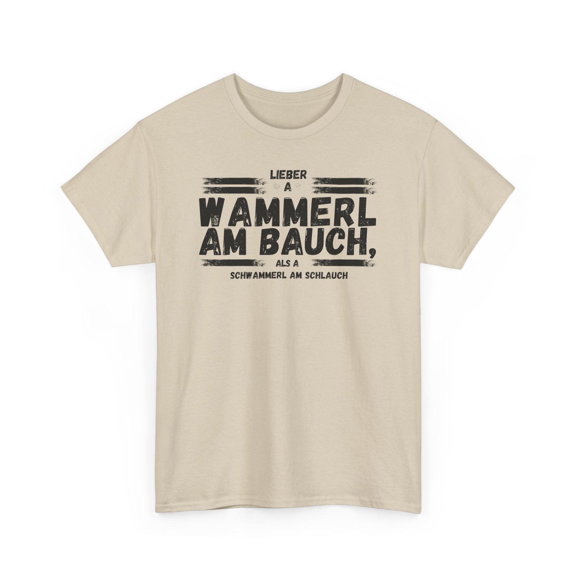 Sandfarbenes Herren T-Shirt mit lustigem bayerischen Wammerl Schwammerl Spruch im Vintage Lexikon Design