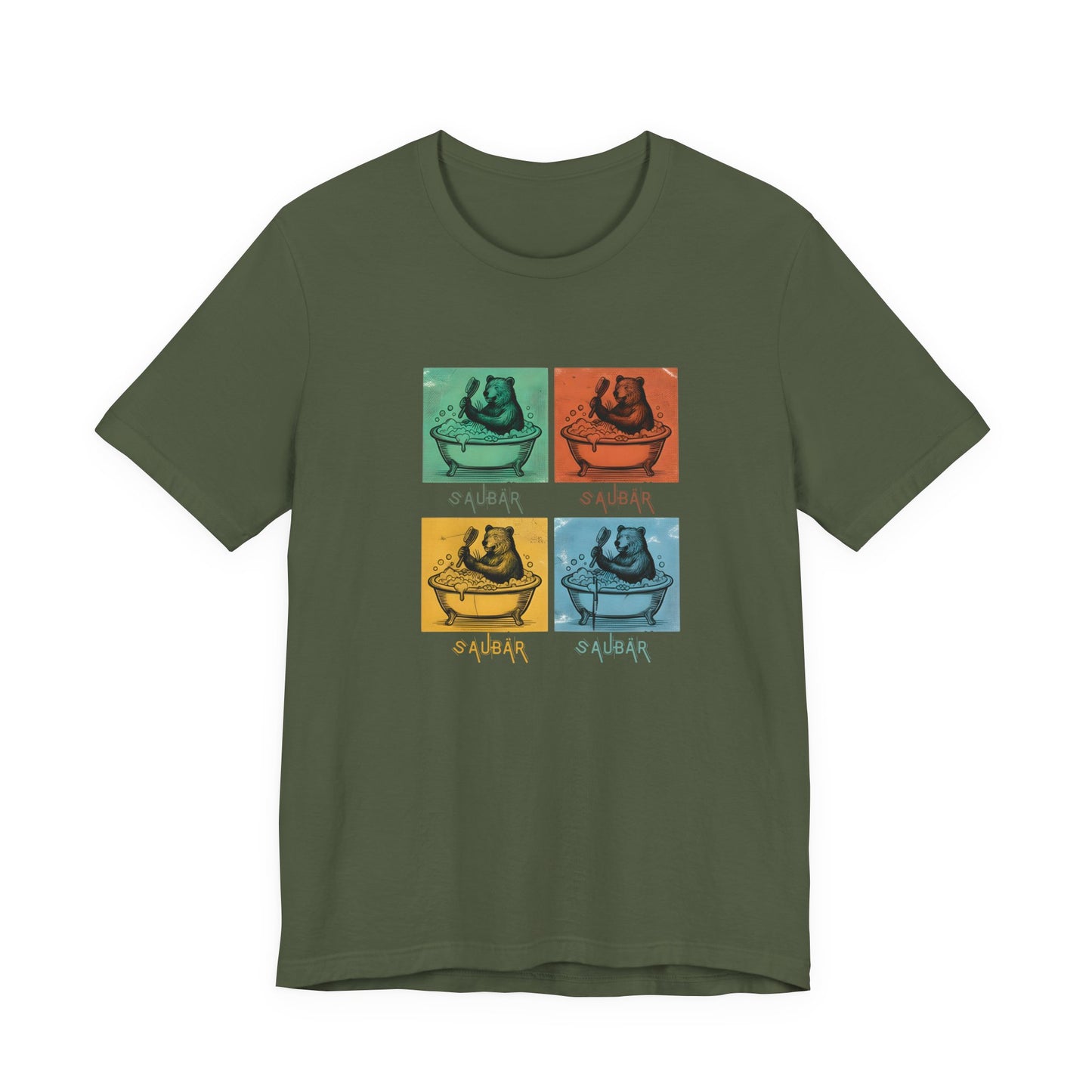 Vintage-Illustration eines Bären in einer Badewanne mit dem Schriftzug Saubär auf einem grünem T-Shirt