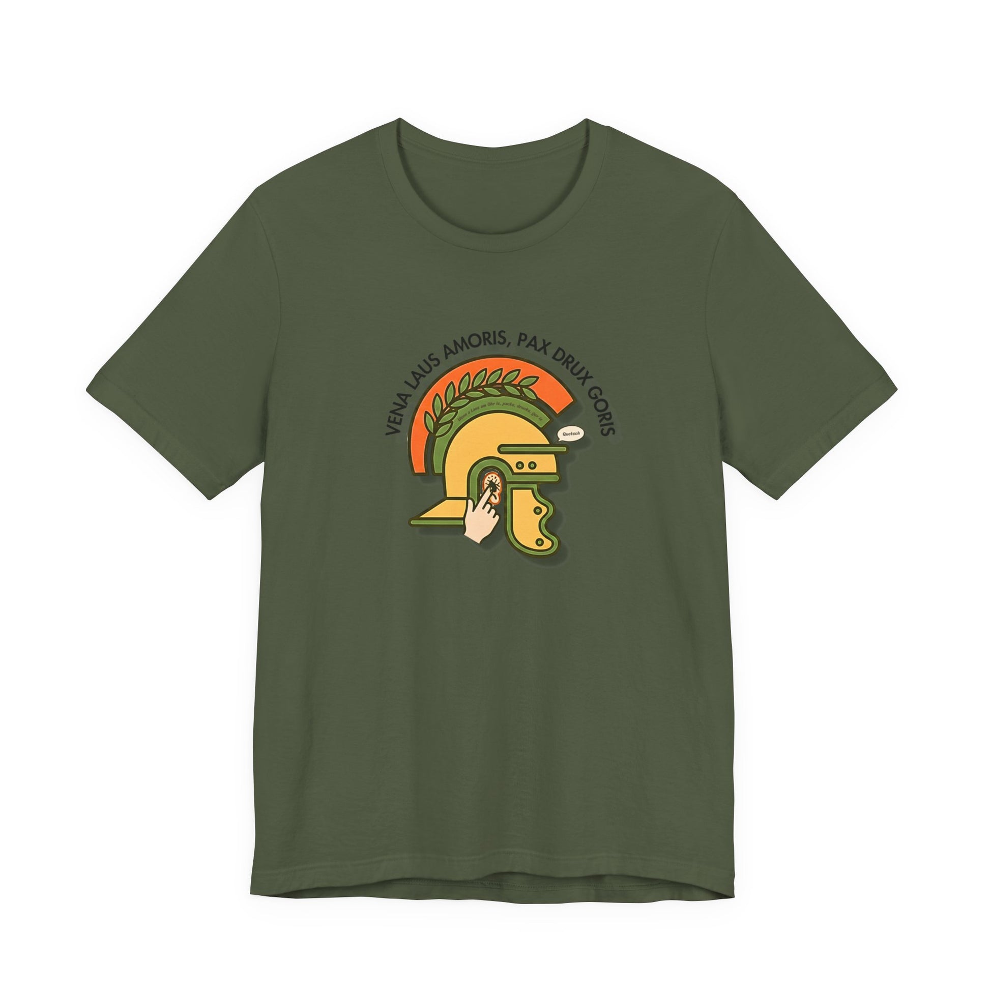 Vena Laus Amoris grünes T-Shirt mit römischem Helm und Laus am Ohr Illustration – Bayrischer Latein-Humor für Lehrer.