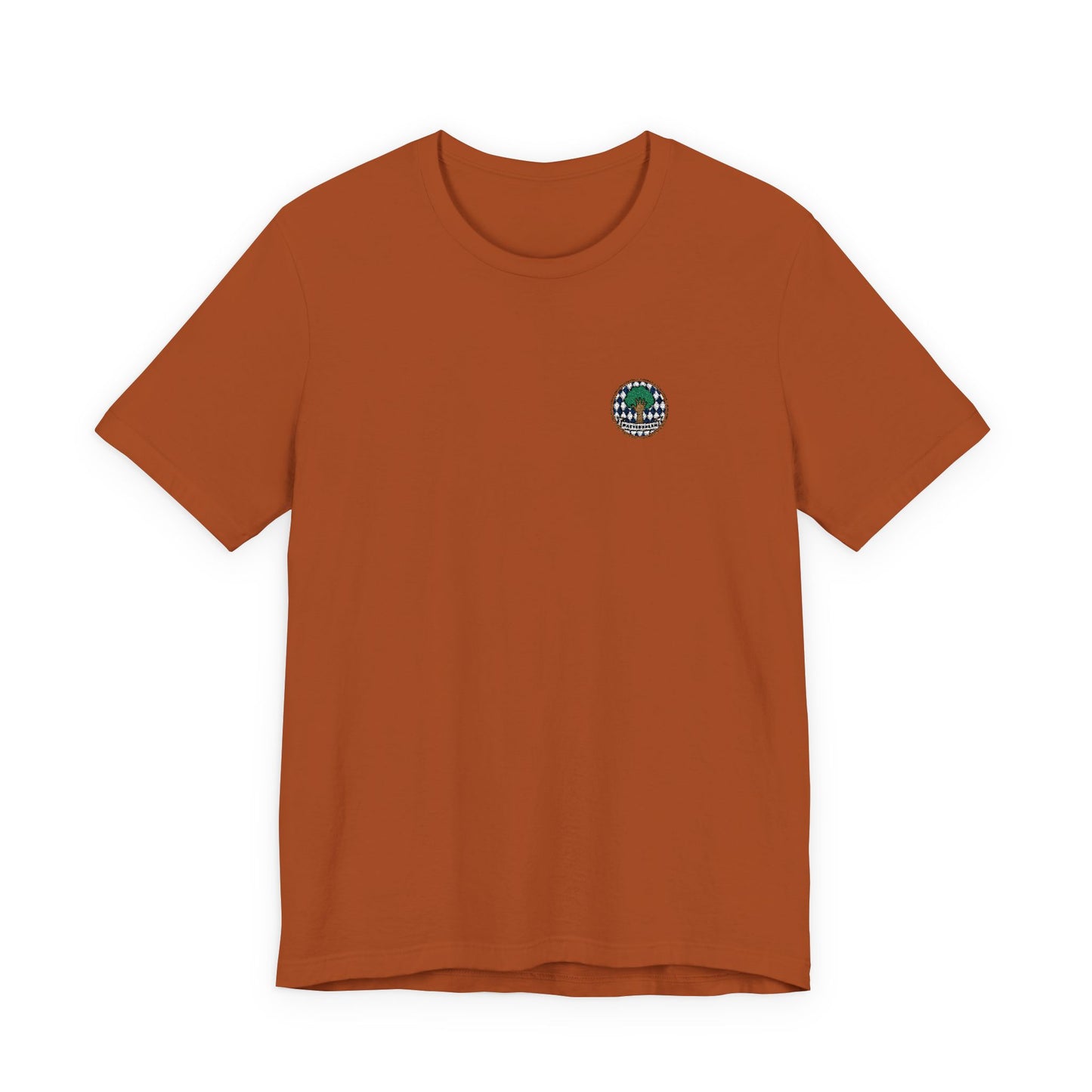 Besticktes Watschnbaam T-Shirt mit Bayern-Rauten, Baum und Hand für bayerischen Dialekt-Humor in autum farben