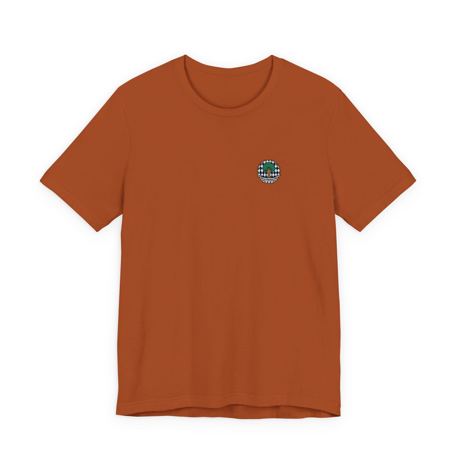 Besticktes Watschnbaam T-Shirt mit Bayern-Rauten, Baum und Hand für bayerischen Dialekt-Humor in autum farben