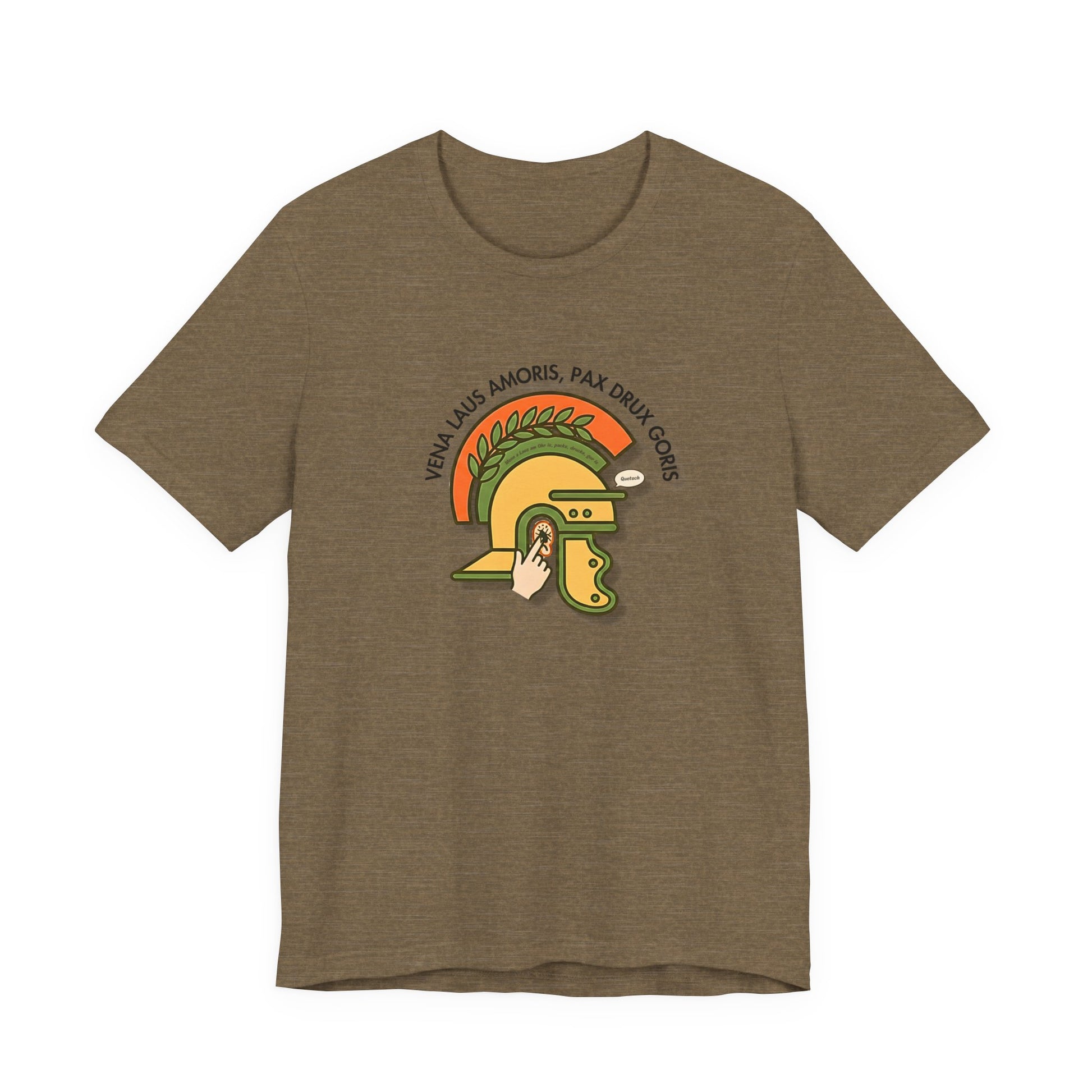 Vena Laus Amoris olivfarbenes T-Shirt mit römischem Helm und Laus am Ohr Illustration – Bayrischer Latein-Humor für Lehrer.