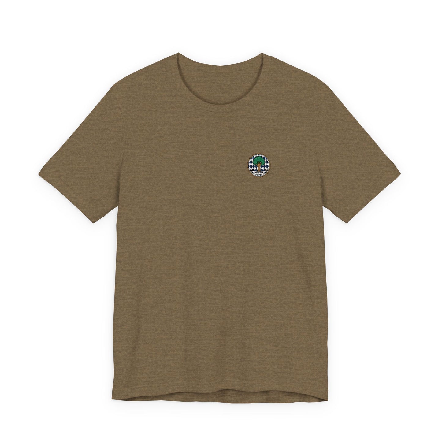 Besticktes Watschnbaam T-Shirt mit Bayern-Rauten, Baum und Hand für bayerischen Dialekt-Humor in olive