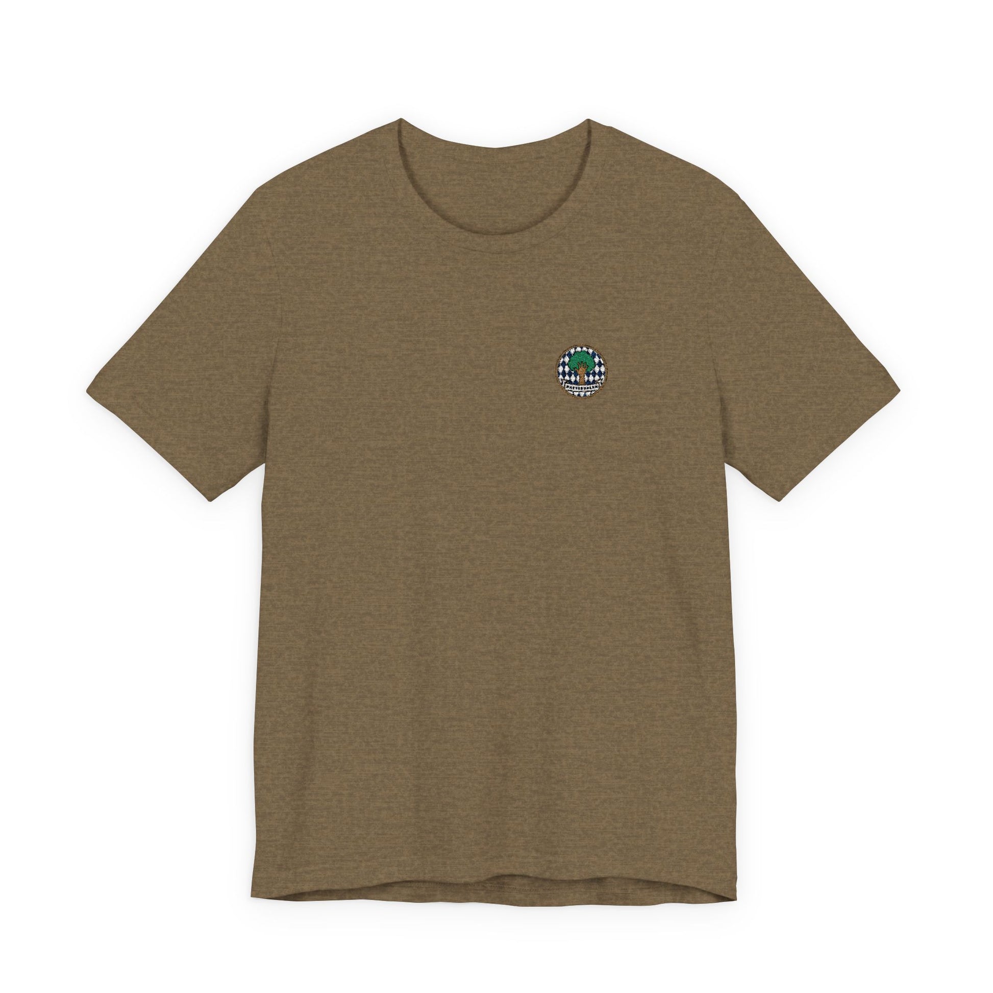 Besticktes Watschnbaam T-Shirt mit Bayern-Rauten, Baum und Hand für bayerischen Dialekt-Humor in olive