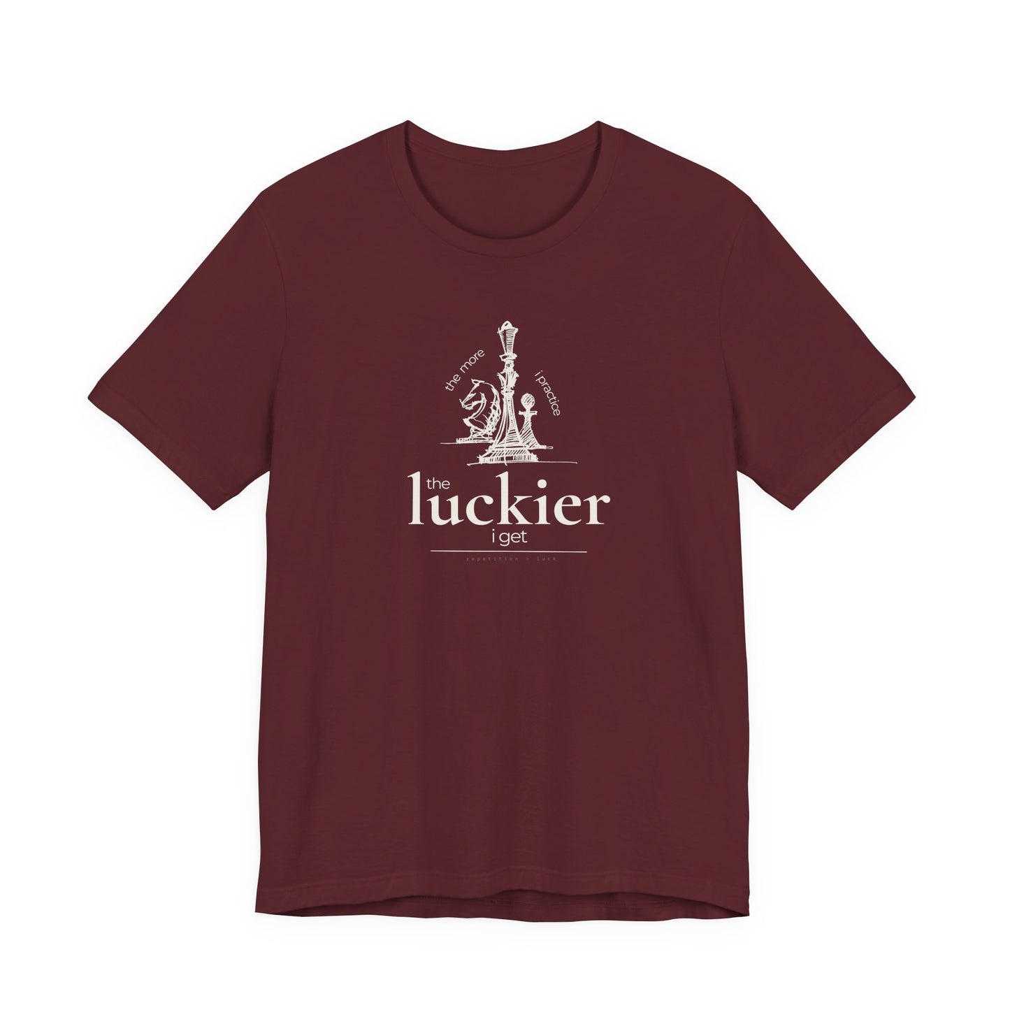 maroon coloured shirt mockup showing vintage chess sketch and the phrase the more I practice the luckier I get