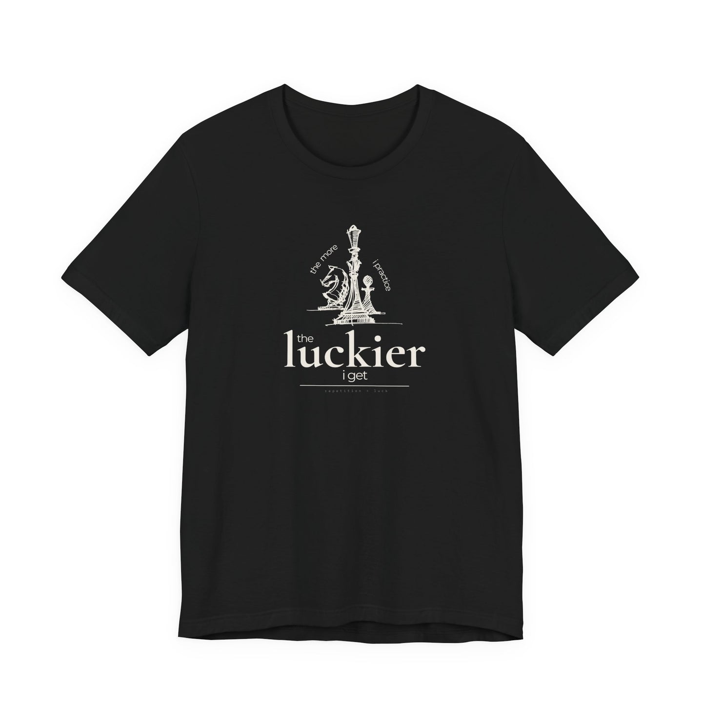 Black shirt mockup showing vintage chess sketch and the phrase the more I practice the luckier I get