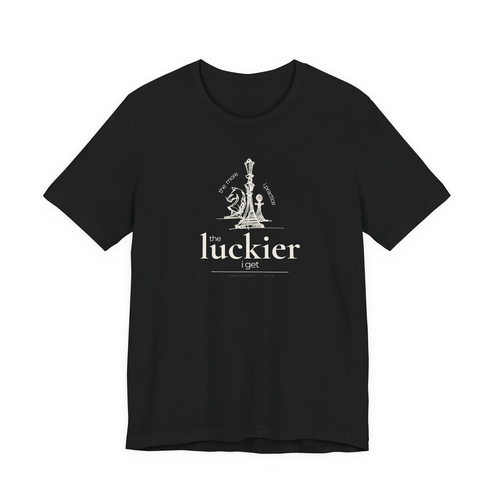 Black shirt mockup showing vintage chess sketch and the phrase the more I practice the luckier I get