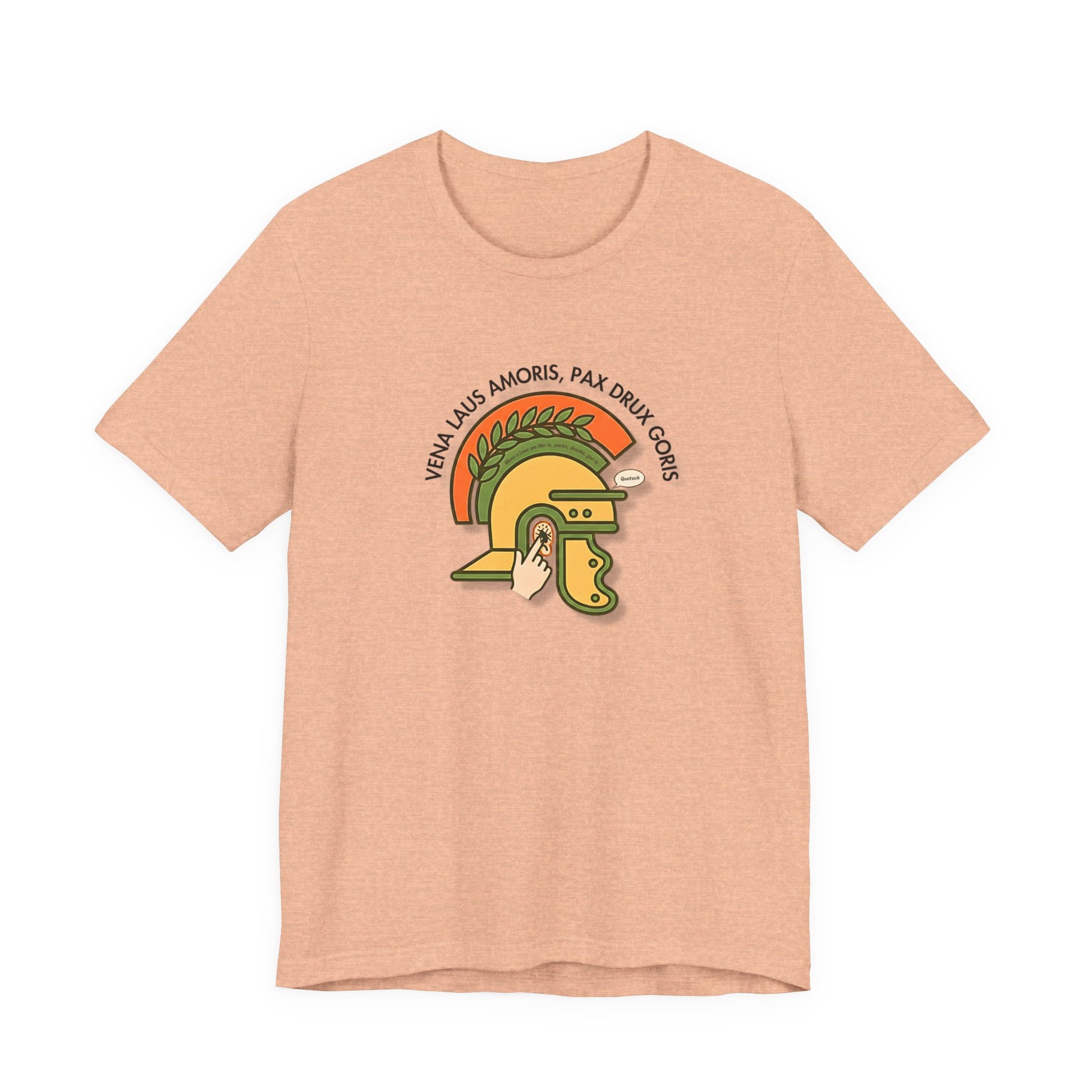 Vena Laus Amoris peachfarbenes T-Shirt mit römischem Helm und Laus am Ohr Illustration – Bayrischer Latein-Humor für Lehrer.