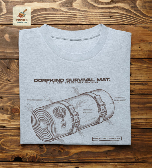 Technische Blueprint-Zeichnung einer Isomatte mit ironischen Texten zum Dorfleben auf einem hellblauen T-Shirt. Anti-Gorpcore Design.