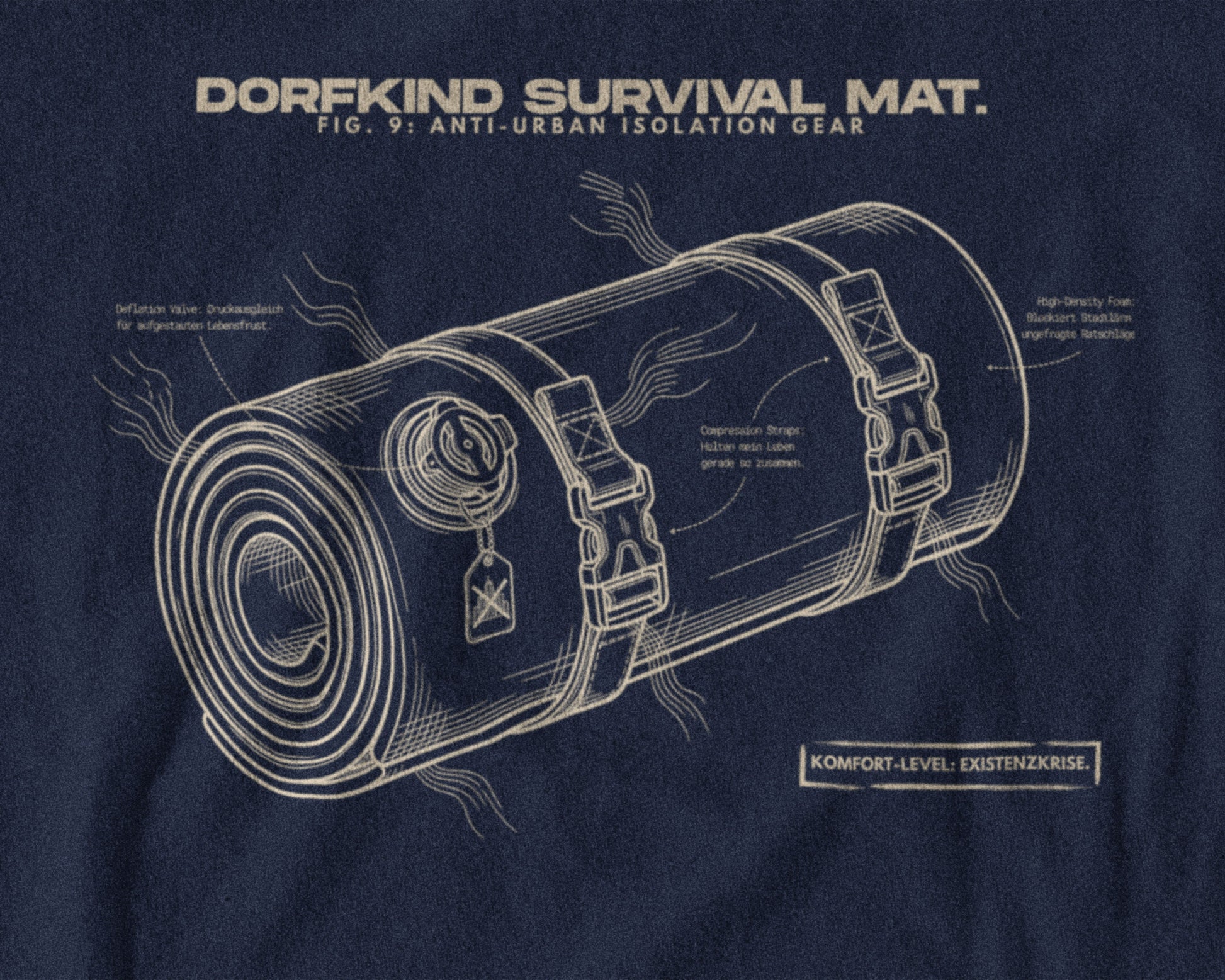 Technische Blueprint-Zeichnung einer Isomatte mit ironischen Texten zum Dorfleben auf einem T-Shirt. Anti-Gorpcore Design.