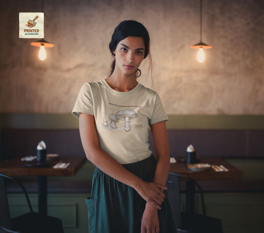 Vintage-inspiriertes naturell farbenes T-Shirt mit einer detaillierten Kupferstich-Illustration von Fliegenpilzen (Amanita muscaria), getragen von einer jungen Frau. Das Design trägt den ironischen lateinischen Titel "AMANITA INTROVERTUS" und beschreibt anatomische Merkmale mit humorvollen denglischen Texten über soziale Erschöpfung, wie "Komfort-Level: Existenzkrise" und "Hidden Anxiety". Ein hochwertiges Dark Academia Graphic Tee für Introvertierte und Studenten.