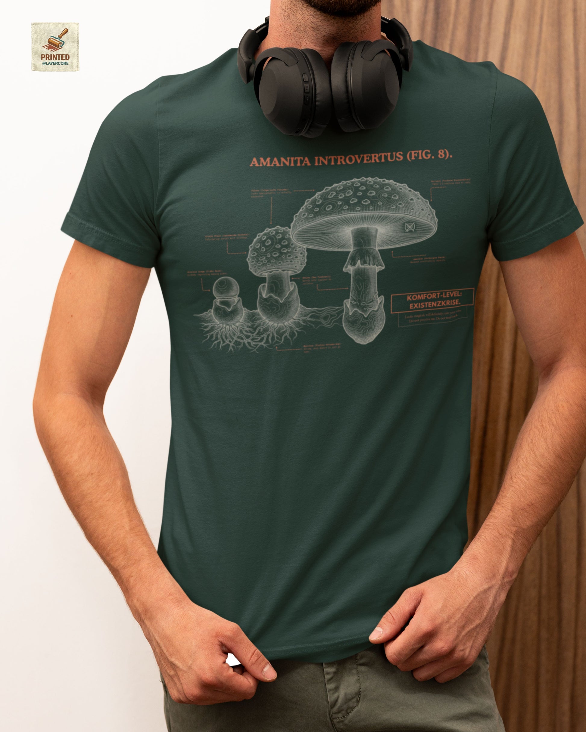 Vintage-inspiriertes grünes T-Shirt mit einer detaillierten Kupferstich-Illustration von Fliegenpilzen (Amanita muscaria), getragen von einem jungen Mann. Das Design trägt den ironischen lateinischen Titel "AMANITA INTROVERTUS" und beschreibt anatomische Merkmale mit humorvollen denglischen Texten über soziale Erschöpfung, wie "Komfort-Level: Existenzkrise" und "Hidden Anxiety". Ein hochwertiges Dark Academia Graphic Tee für Introvertierte und Studenten.