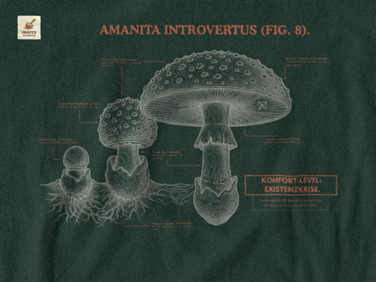 Vintage-inspiriertes grünes T-Shirt mit einer detaillierten Kupferstich-Illustration von Fliegenpilzen (Amanita muscaria). Das Design trägt den ironischen lateinischen Titel "AMANITA INTROVERTUS" und beschreibt anatomische Merkmale mit humorvollen denglischen Texten über soziale Erschöpfung, wie "Komfort-Level: Existenzkrise" und "Hidden Anxiety". Ein hochwertiges Dark Academia Graphic Tee für Introvertierte und Studenten.