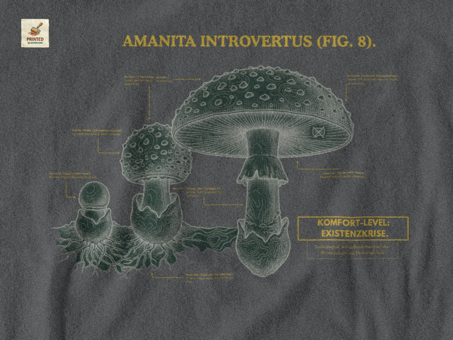Vintage-inspiriertes asphalt farbenes T-Shirt mit einer detaillierten Kupferstich-Illustration von Fliegenpilzen (Amanita muscaria). Das Design trägt den ironischen lateinischen Titel "AMANITA INTROVERTUS" und beschreibt anatomische Merkmale mit humorvollen denglischen Texten über soziale Erschöpfung, wie "Komfort-Level: Existenzkrise" und "Hidden Anxiety". Ein hochwertiges Dark Academia Graphic Tee für Introvertierte und Studenten.