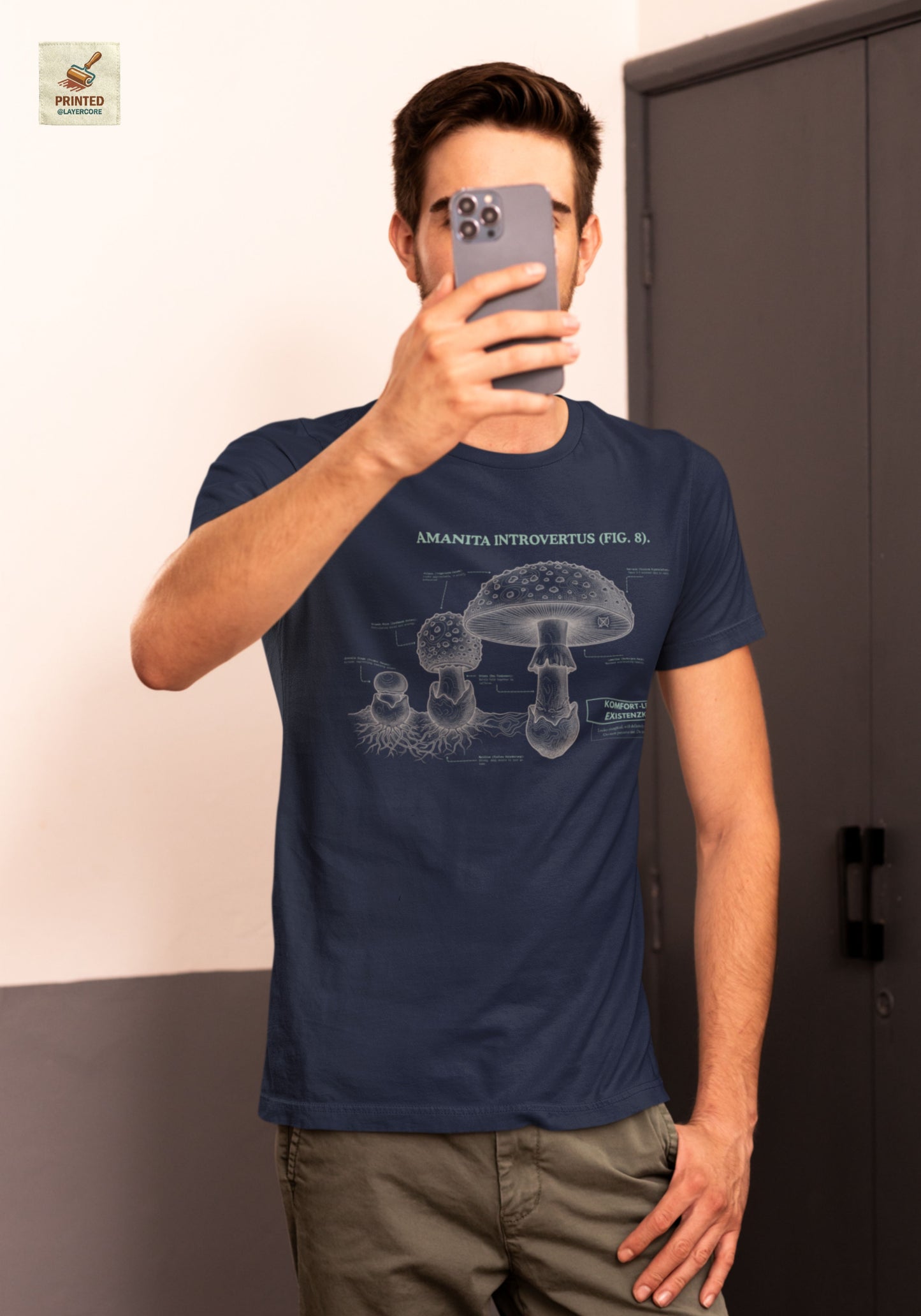 Vintage-inspiriertes blaues T-Shirt mit einer detaillierten Kupferstich-Illustration von Fliegenpilzen (Amanita muscaria), getragen von einem jungen Mann. Das Design trägt den ironischen lateinischen Titel "AMANITA INTROVERTUS" und beschreibt anatomische Merkmale mit humorvollen denglischen Texten über soziale Erschöpfung, wie "Komfort-Level: Existenzkrise" und "Hidden Anxiety". Ein hochwertiges Dark Academia Graphic Tee für Introvertierte und Studenten.