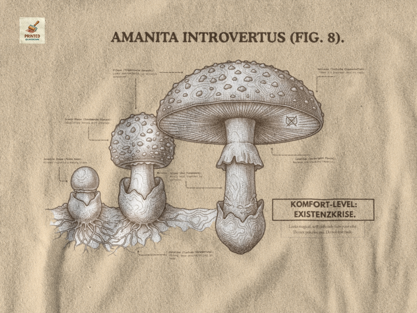 Vintage-inspiriertes naturel farbenes T-Shirt mit einer detaillierten Kupferstich-Illustration von Fliegenpilzen (Amanita muscaria). Das Design trägt den ironischen lateinischen Titel "AMANITA INTROVERTUS" und beschreibt anatomische Merkmale mit humorvollen denglischen Texten über soziale Erschöpfung, wie "Komfort-Level: Existenzkrise" und "Hidden Anxiety". Ein hochwertiges Dark Academia Graphic Tee für Introvertierte und Studenten.
