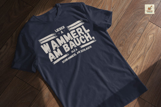 Navy blaues Herren T-Shirt mit lustigem bayerischen Wammerl Schwammerl Spruch im Vintage Lexikon Design