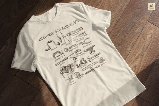 Vintage T-Shirt Anatomie des Handwerks mit traditionellen Werkzeugen wie Fuchsschwanz und Stechbeitel für Herren